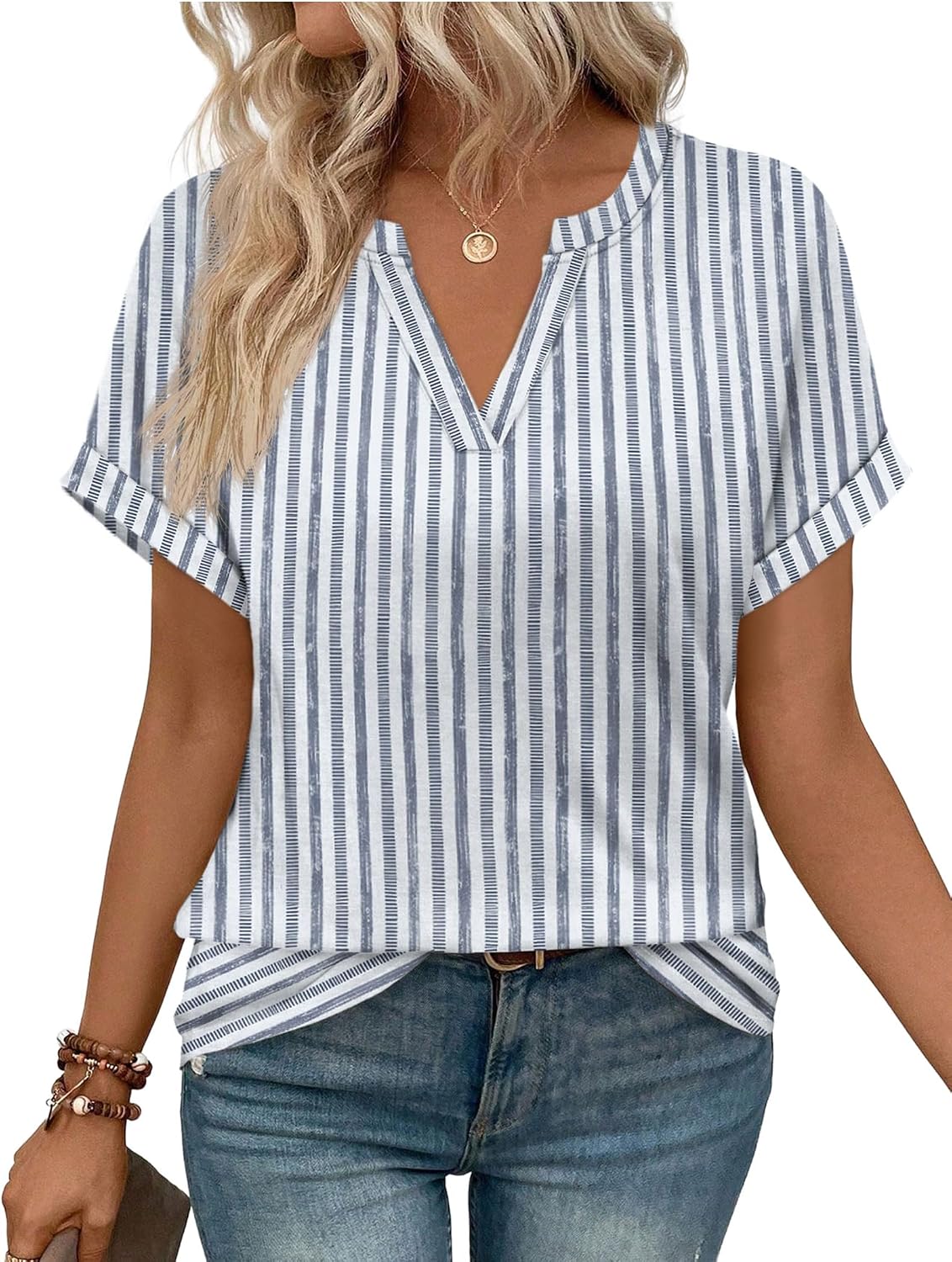 Celia Women's V-Neck Tunic Blouse with Rolled Short Sleeves & Relaxed Fit