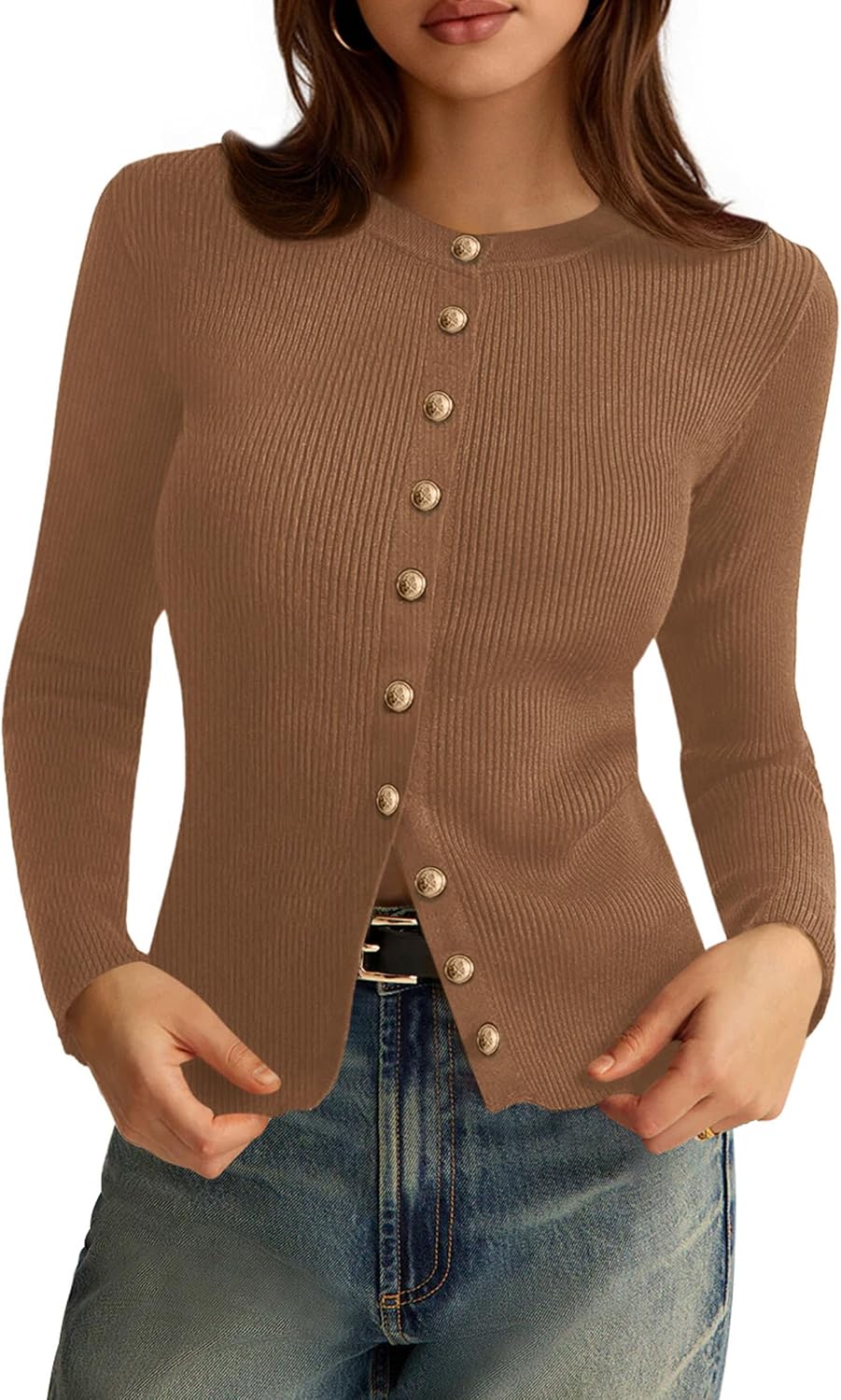 Ryan Women's Ribbed Cardigan – Crewneck, Button-Up Front & Fitted Silhouette