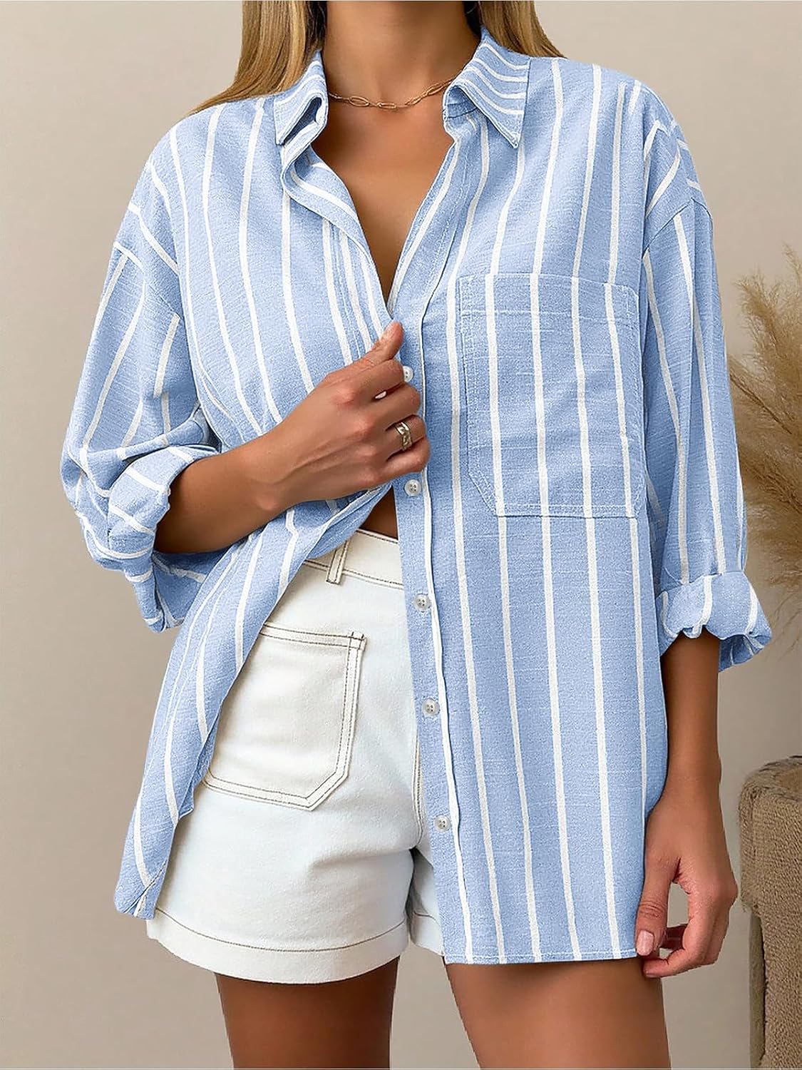 Kael - Oversized Striped Linen Button-Down Blouse with Chest Pocket and Relaxed Fit