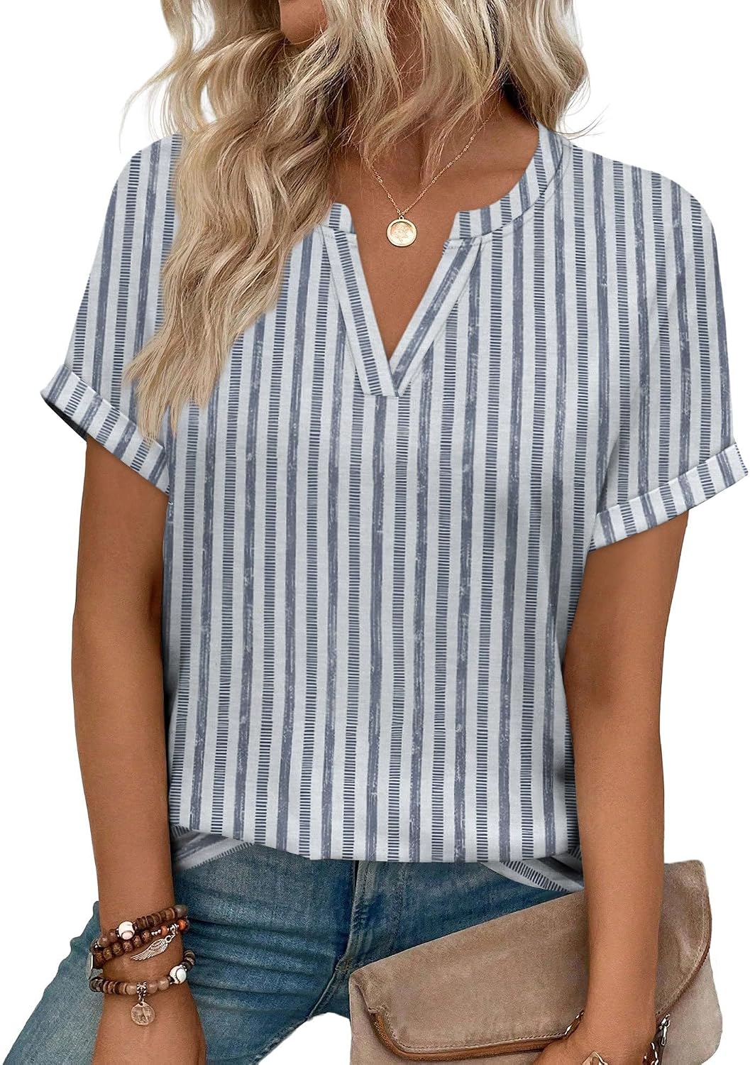 Celia Women's V-Neck Tunic Blouse with Rolled Short Sleeves & Relaxed Fit