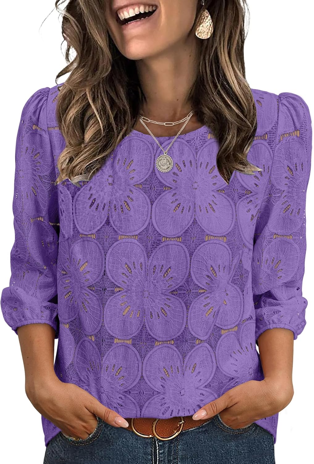 Adeline Women's Eyelet Lace Blouse with 3/4 Puff Sleeves & Embroidered Detail