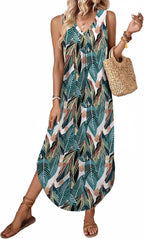Ariella Women's Tropical Leaf Print Sleeveless Maxi Dress with V-Neck, Side Slit & Pockets