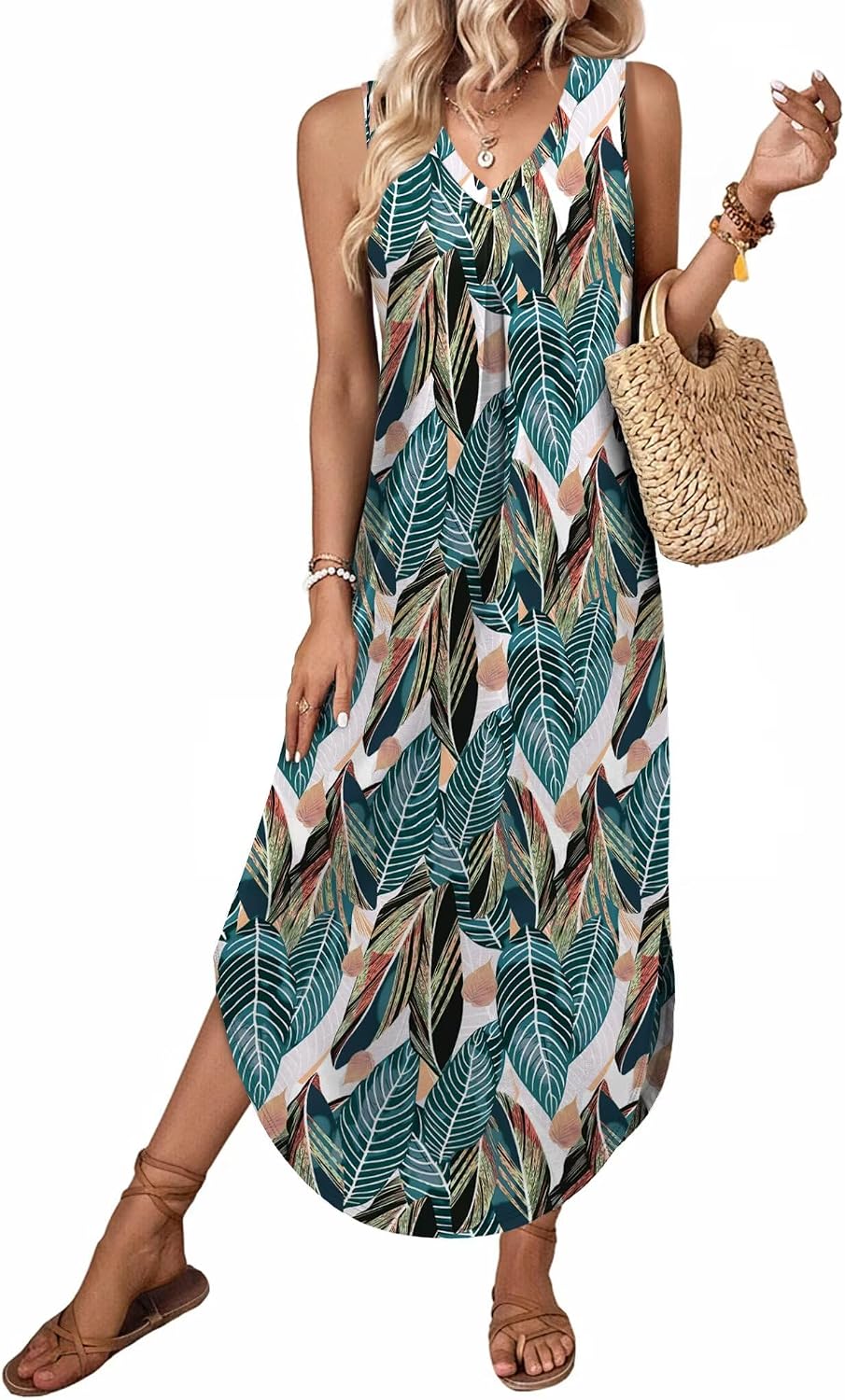 Ariella Women's Tropical Leaf Print Sleeveless Maxi Dress with V-Neck, Side Slit & Pockets