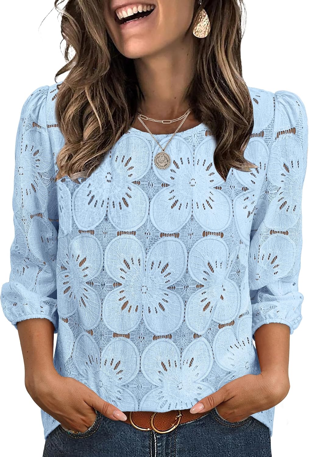 Adeline Women's Eyelet Lace Blouse with 3/4 Puff Sleeves & Embroidered Detail