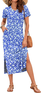 Celestia Women's Printed V-Neck Maxi Dress with Side Slits & Pockets