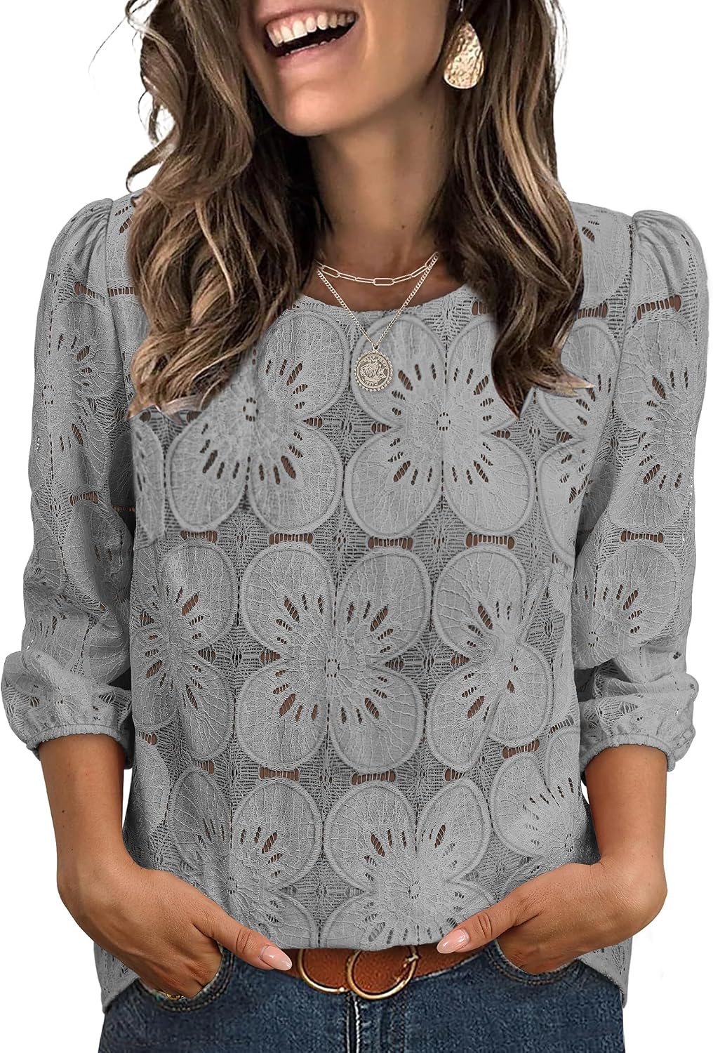 Adeline Women's Eyelet Lace Blouse with 3/4 Puff Sleeves & Embroidered Detail