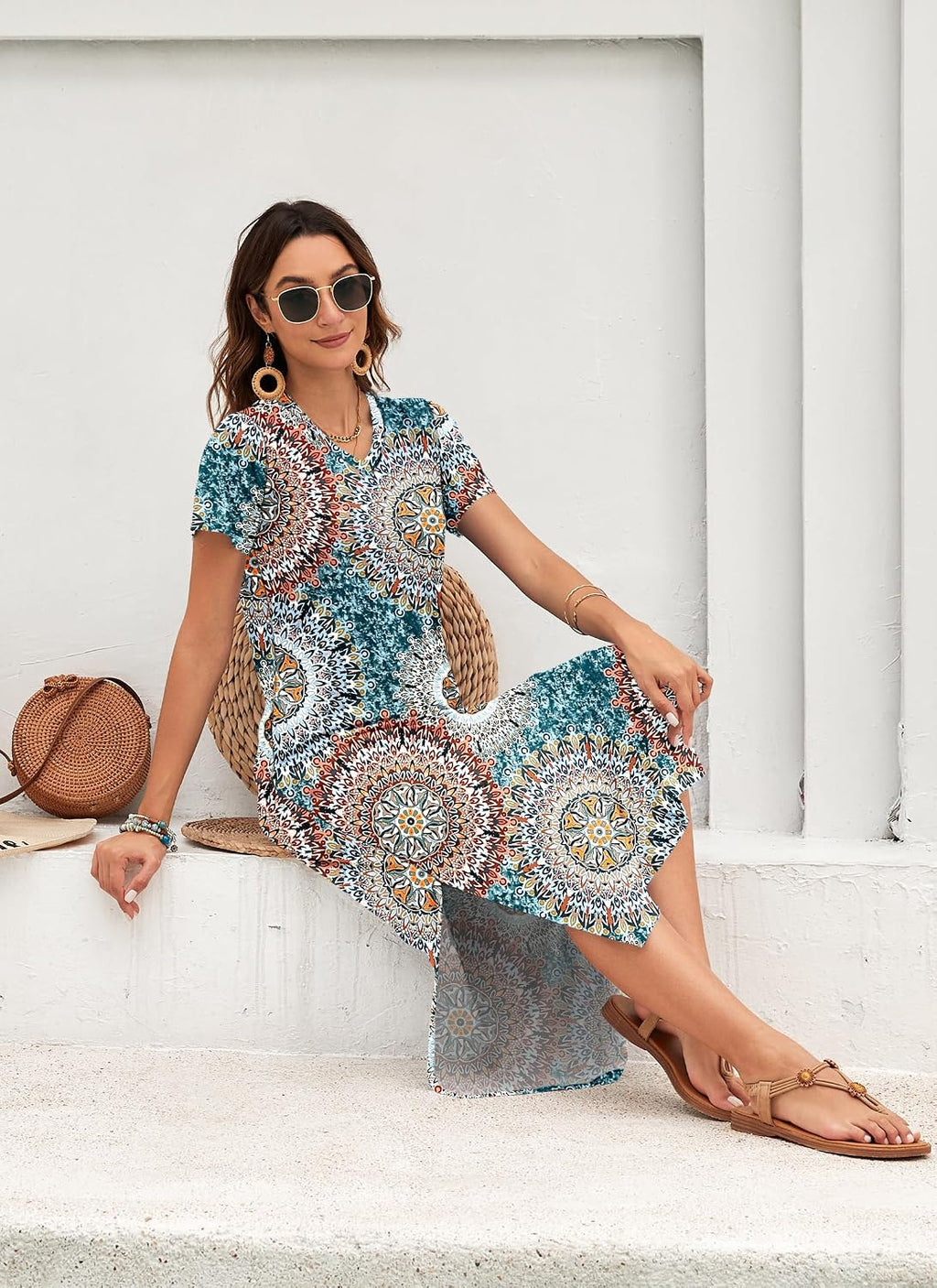 Celestia Women's Printed V-Neck Maxi Dress with Side Slits & Pockets