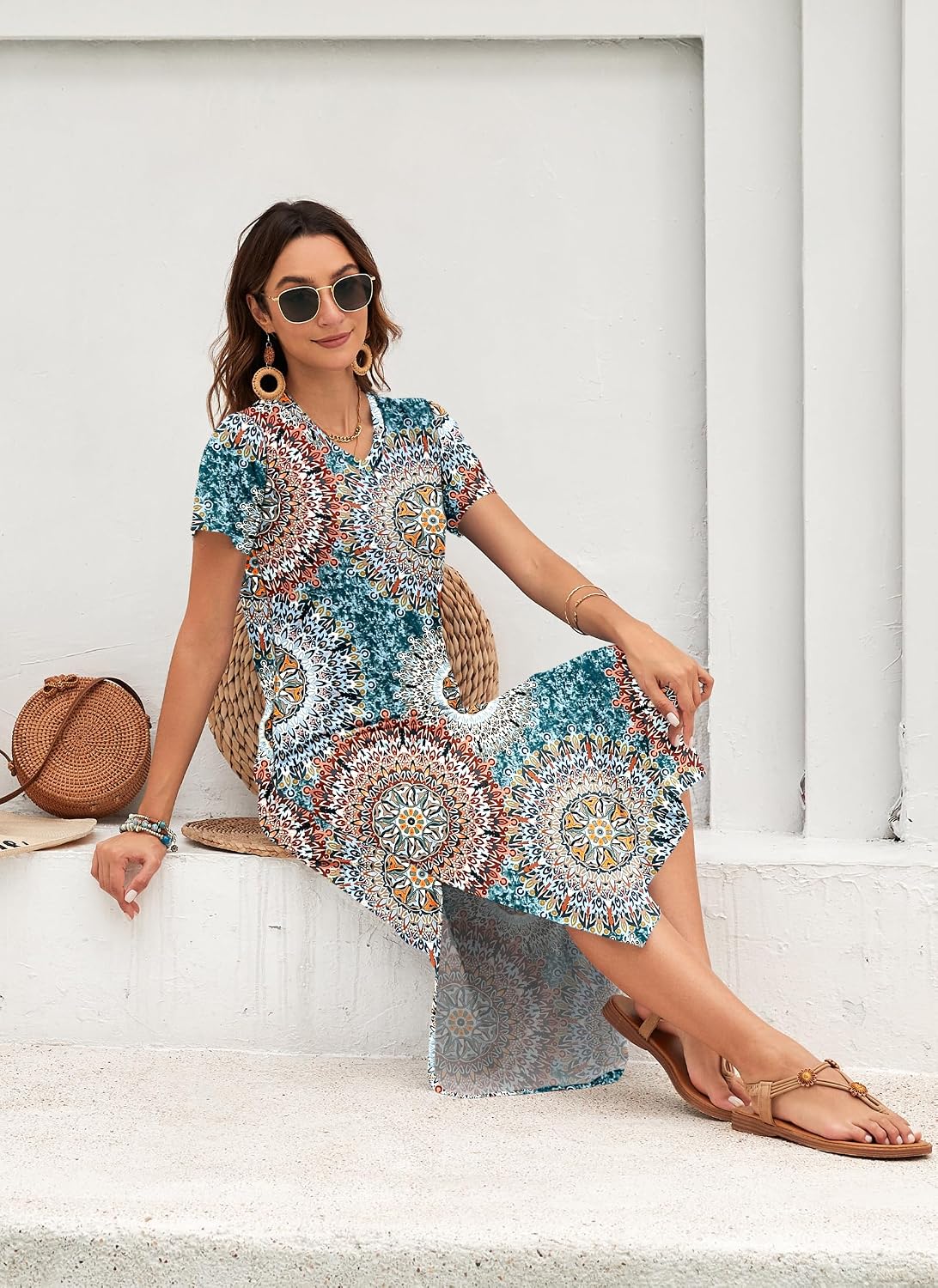 Celestia Women's Printed V-Neck Maxi Dress with Side Slits & Pockets