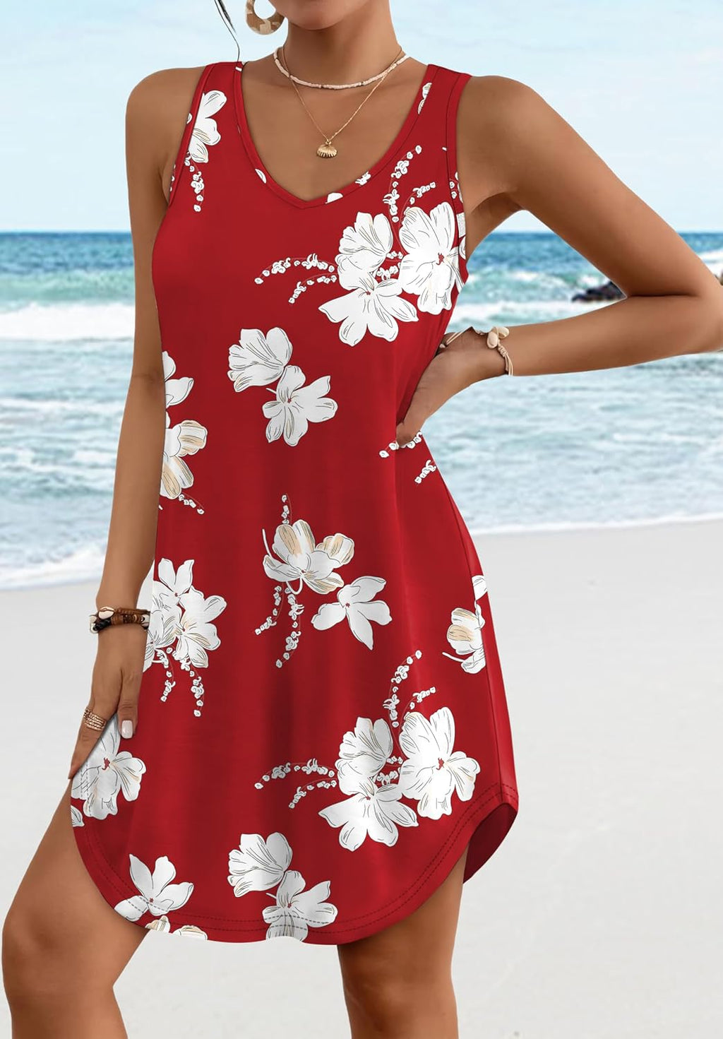 Maelynn Floral Sleeveless V-Neck Mini Dress with Curved Hem for Summer Beach Days