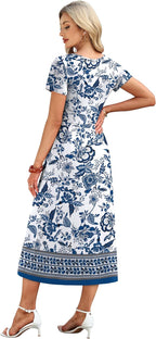 Danica Floral A-Line Midi Dress – V-Neck Short Sleeve Summer Dress with Pockets