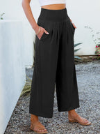 Lisette Women's High-Waisted Wide Leg Palazzo Pants with Smocked Waist & Pockets