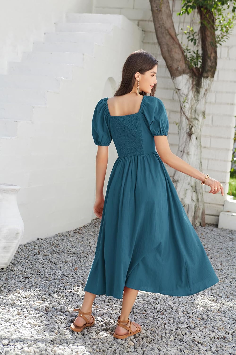 Celestia Cotton A-Line Maxi Dress – Puff Sleeve Off-Shoulder Smocked Dress