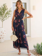Rosalind Women's Floral Tulle Maxi Dress with V-Neck, Sleeveless A-Line Silhouette & Elastic Waist
