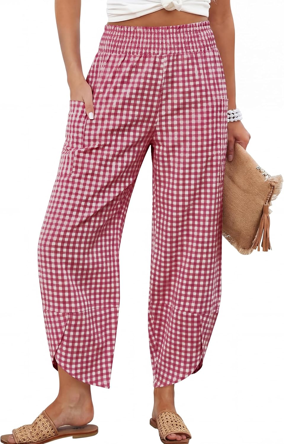 Maëlys Women's Smocked Waist Barrel Leg Cropped Pants with Utility Pockets