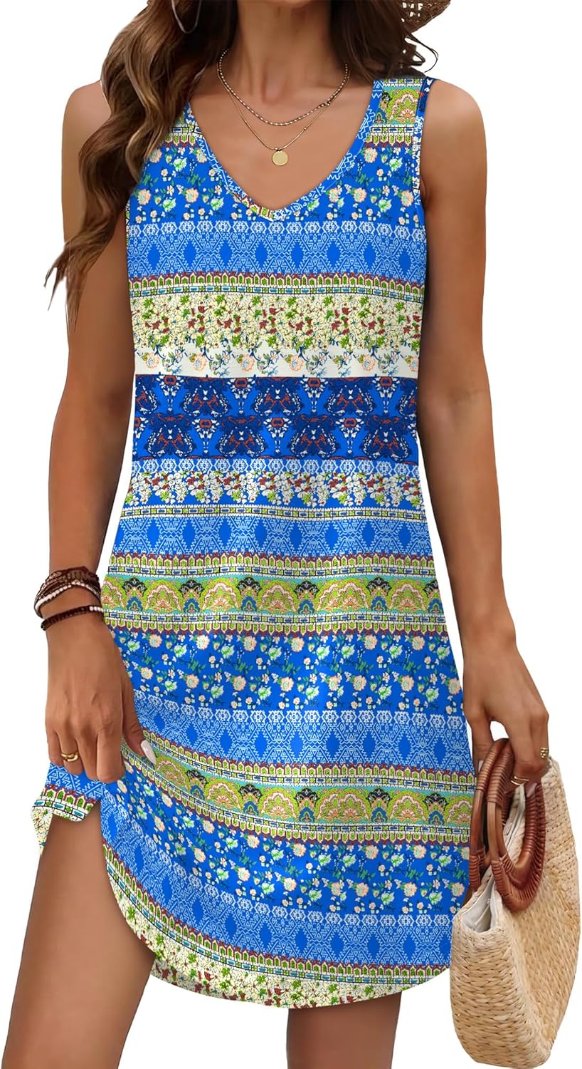 Maelynn Floral Sleeveless V-Neck Mini Dress with Curved Hem for Summer Beach Days