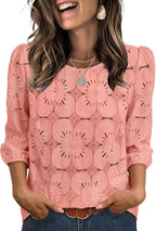 Adeline Women's Eyelet Lace Blouse with 3/4 Puff Sleeves & Embroidered Detail