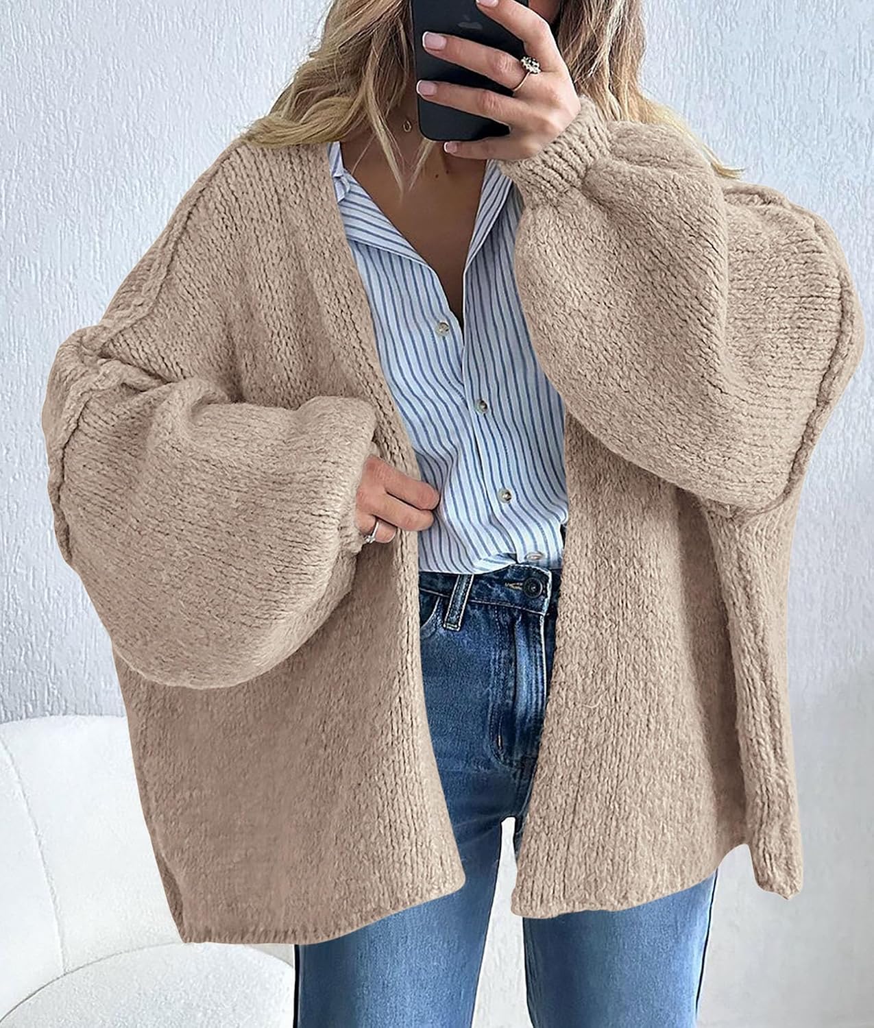 Sabrina - Oversized Open Front Chunky Knit Cardigan with Lantern Sleeves for Women