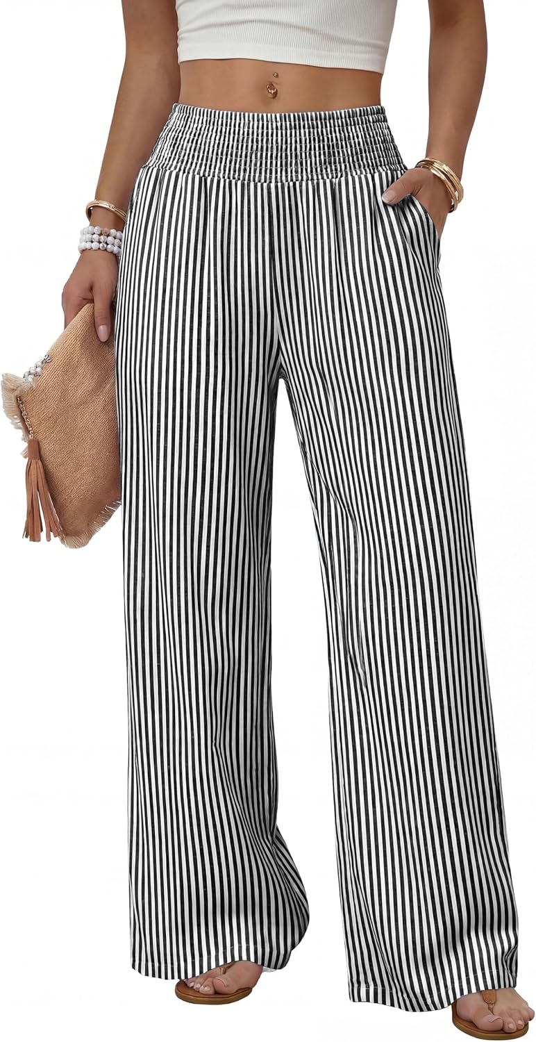 Solenne Women's High-Waisted Wide Leg Lounge Pants with Smocked Waist & Pockets