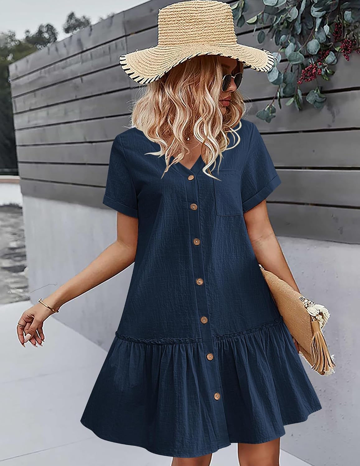 Celestine Cotton Linen Button Front Mini Dress with V-Neck, Ruffle Hem and Pocket