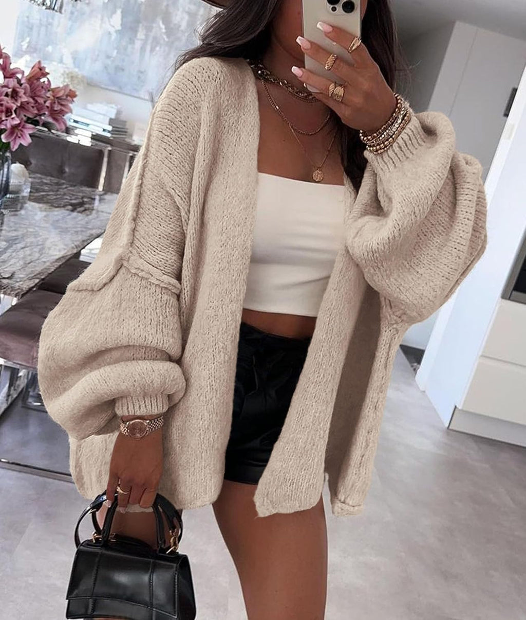 Sabrina - Oversized Open Front Chunky Knit Cardigan with Lantern Sleeves for Women