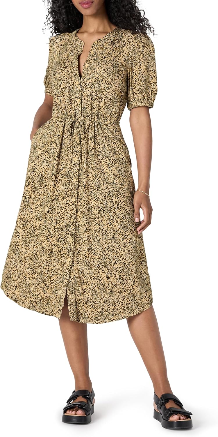 Sylviane Women's Button-Front Midi Dress with Drawstring Waist & Half Sleeves