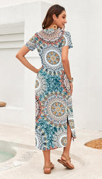 Celestia Women's Printed V-Neck Maxi Dress with Side Slits & Pockets