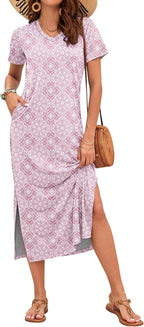 Celestia Women's Printed V-Neck Maxi Dress with Side Slits & Pockets