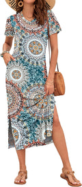 Celestia Women's Printed V-Neck Maxi Dress with Side Slits & Pockets