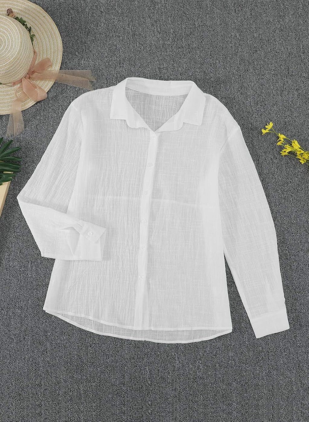 Astrid Linen Blend Roll-Up Sleeve Button-Down V-Neck Casual Women's Everyday Blouse