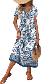 Danica Floral A-Line Midi Dress – V-Neck Short Sleeve Summer Dress with Pockets