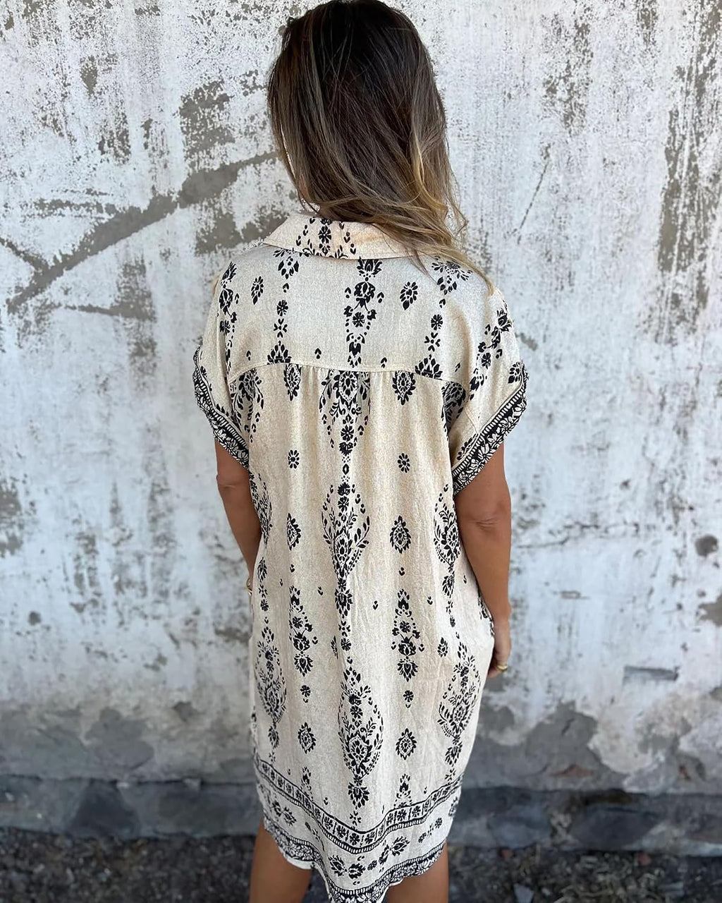 Kyla Printed Linen Shirt Dress – Button-Up Short Sleeve Mini Dress with Pockets