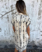 Kyla Printed Linen Shirt Dress – Button-Up Short Sleeve Mini Dress with Pockets