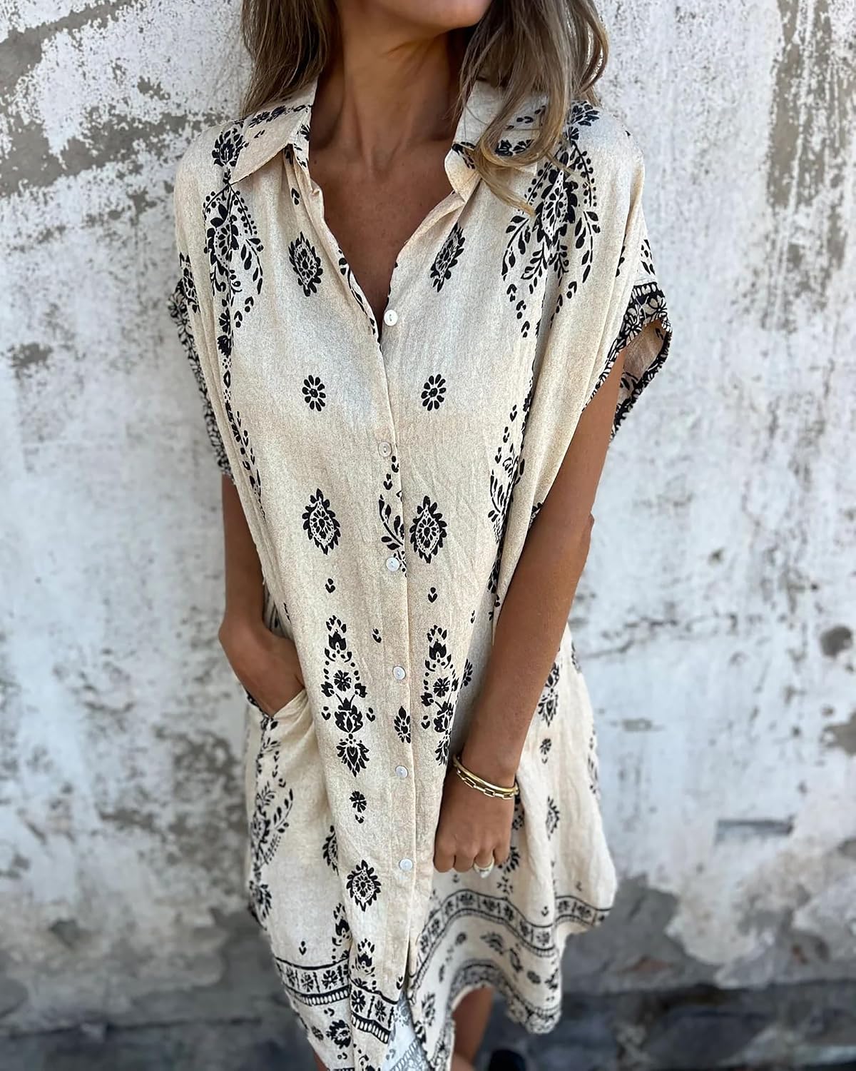 Kyla Printed Linen Shirt Dress – Button-Up Short Sleeve Mini Dress with Pockets