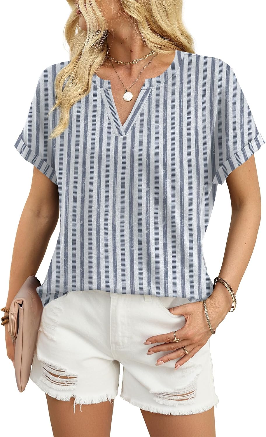 Celia Women's V-Neck Tunic Blouse with Rolled Short Sleeves & Relaxed Fit