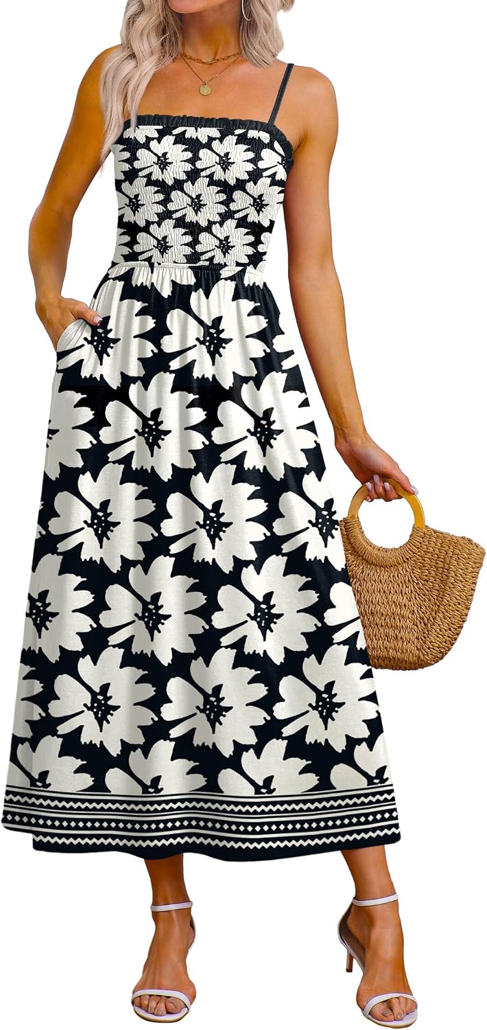 Aislinn Smocked Gingham Spaghetti Strap Maxi Sundress with Pockets for Summer Holidays