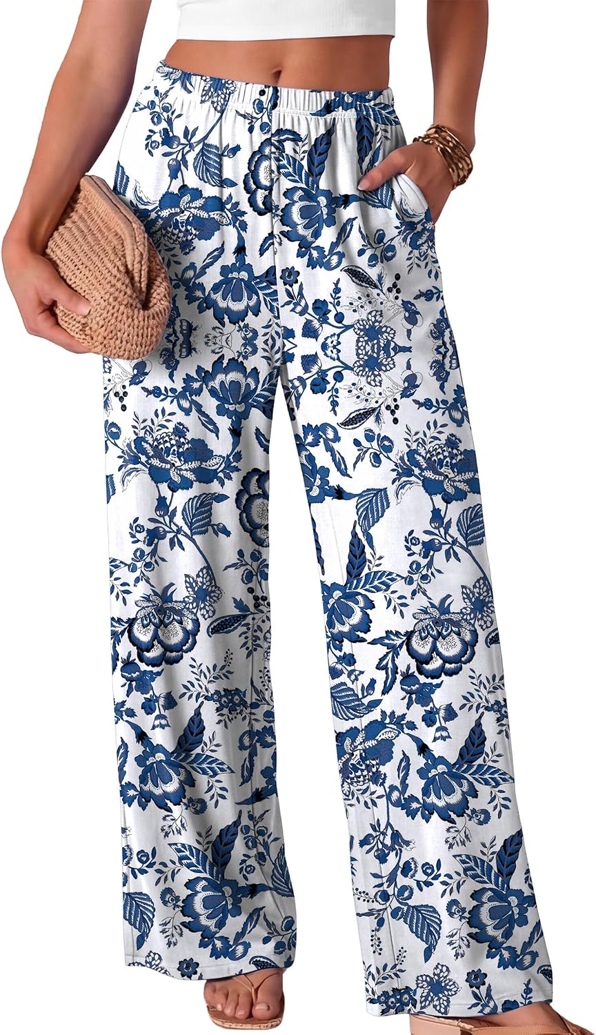 Evelyn - Bohemian Print Wide Leg Palazzo Pants with Elastic Waist and Side Pockets