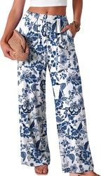 Evelyn - Bohemian Print Wide Leg Palazzo Pants with Elastic Waist and Side Pockets