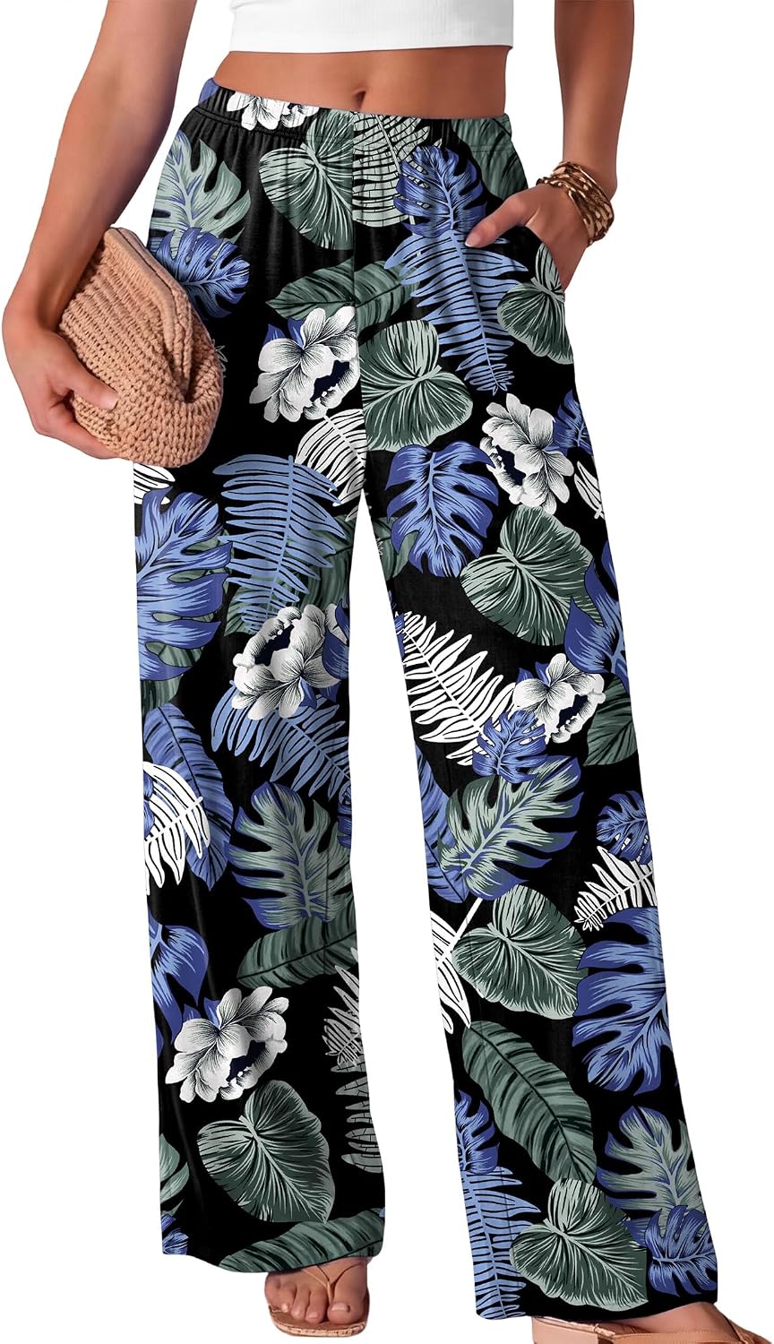 Evelyn - Bohemian Print Wide Leg Palazzo Pants with Elastic Waist and Side Pockets