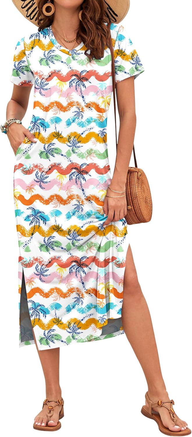 Celestia Women's Printed V-Neck Maxi Dress with Side Slits & Pockets