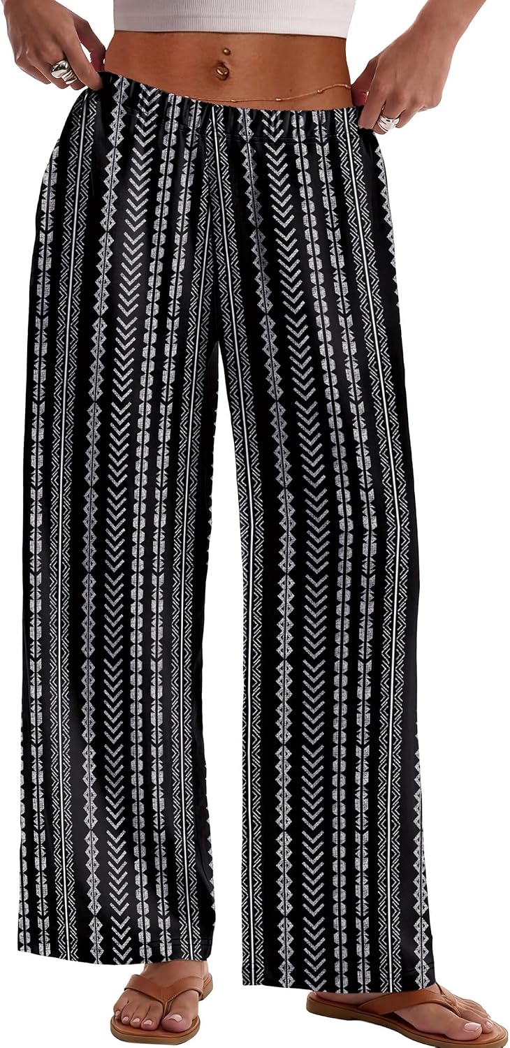 Evelyn - Bohemian Print Wide Leg Palazzo Pants with Elastic Waist and Side Pockets