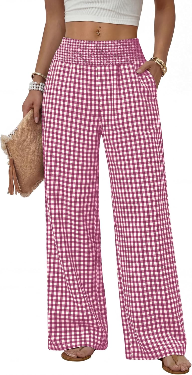 Solenne Women's High-Waisted Wide Leg Lounge Pants with Smocked Waist & Pockets