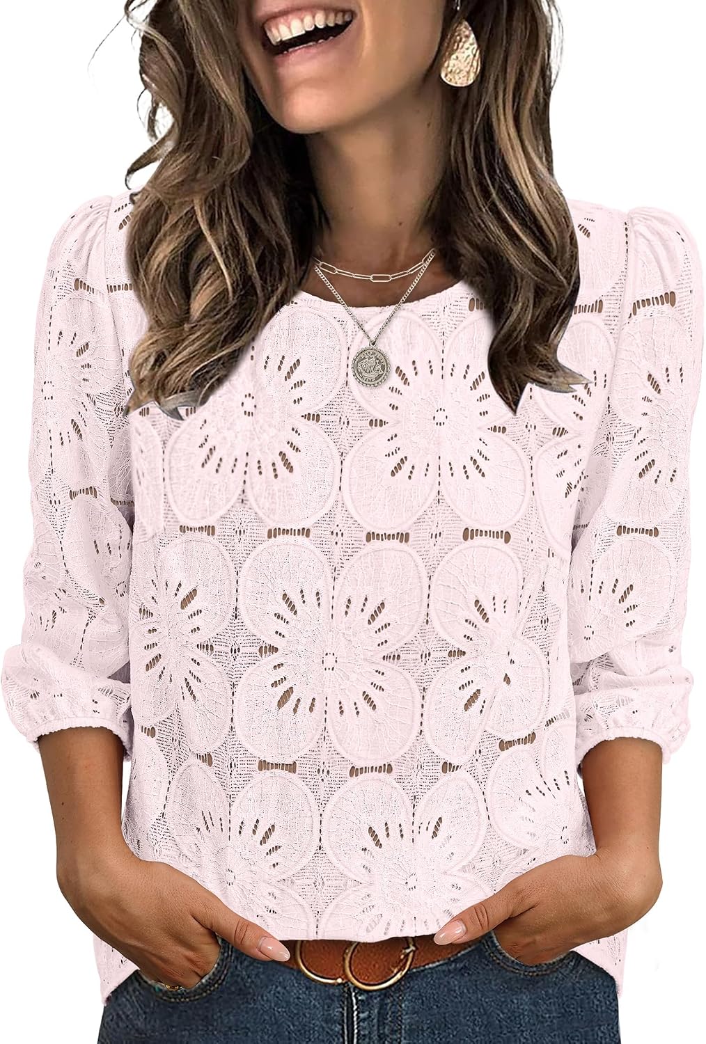 Adeline Women's Eyelet Lace Blouse with 3/4 Puff Sleeves & Embroidered Detail
