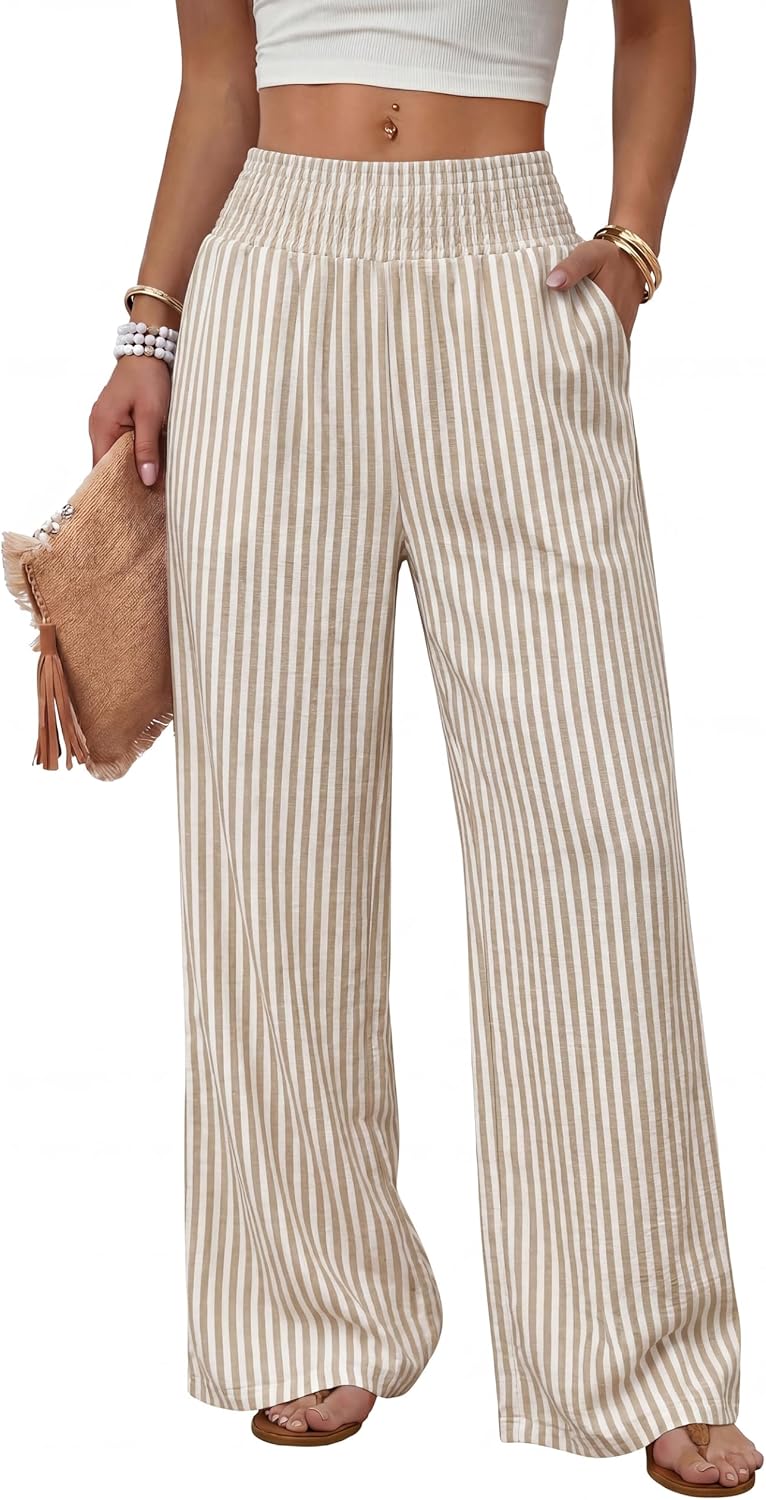 Solenne Women's High-Waisted Wide Leg Lounge Pants with Smocked Waist & Pockets