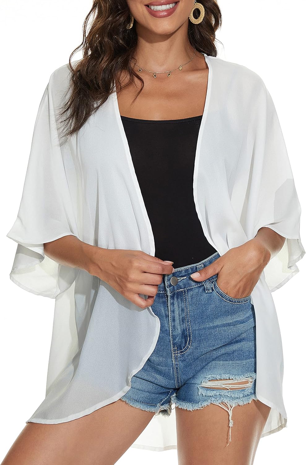 Giselle - Floral Chiffon Open Front Kimono Cardigan Beach Cover Up for Women