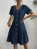Celestine Cotton Linen Button Front Mini Dress with V-Neck, Ruffle Hem and Pocket