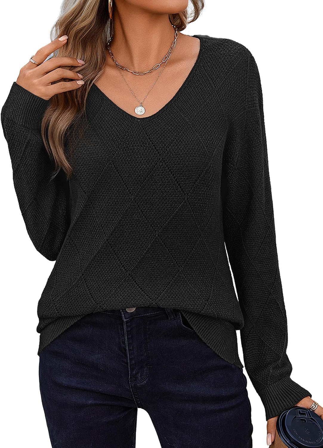 Marcus Women's Crochet Knit Sweater – V-Neckline, Full-Length Sleeves & Relaxed Relaxed Silhouette