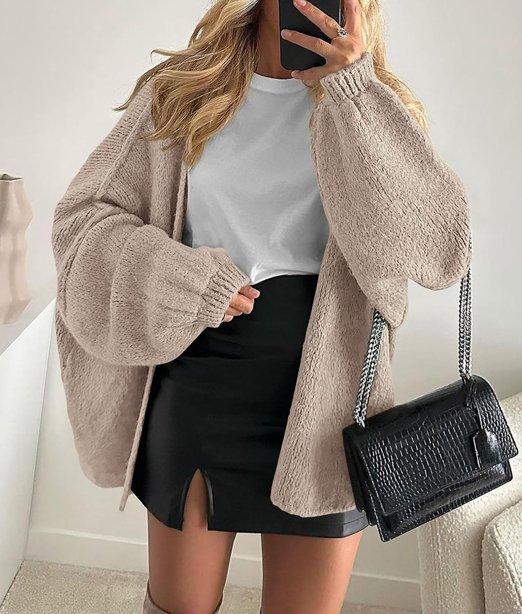 Sabrina - Oversized Open Front Chunky Knit Cardigan with Lantern Sleeves for Women