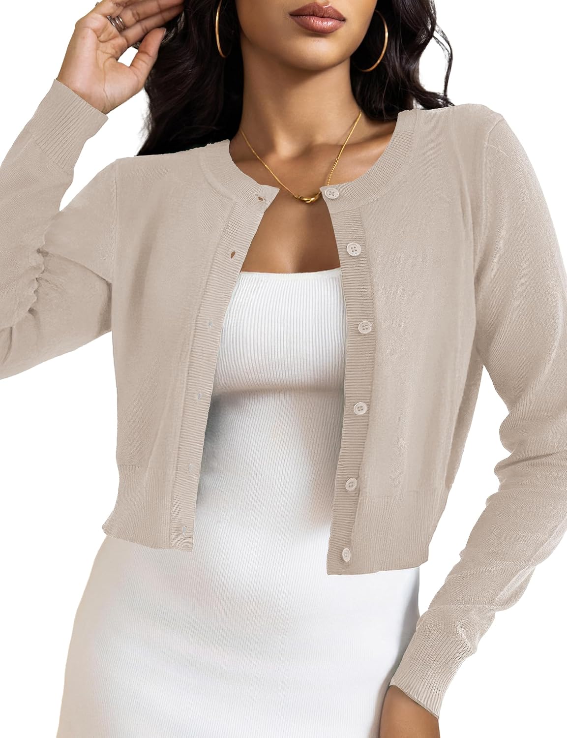 Quinn - Cropped Button Front Knit Cardigan Bolero for Women Long Sleeve Lightweight