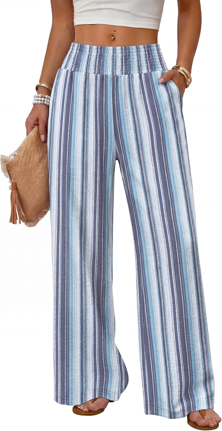 Solenne Women's High-Waisted Wide Leg Lounge Pants with Smocked Waist & Pockets