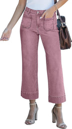 Corinne Women's High-Waisted Cropped Wide Leg Denim Jeans with Patch Pockets